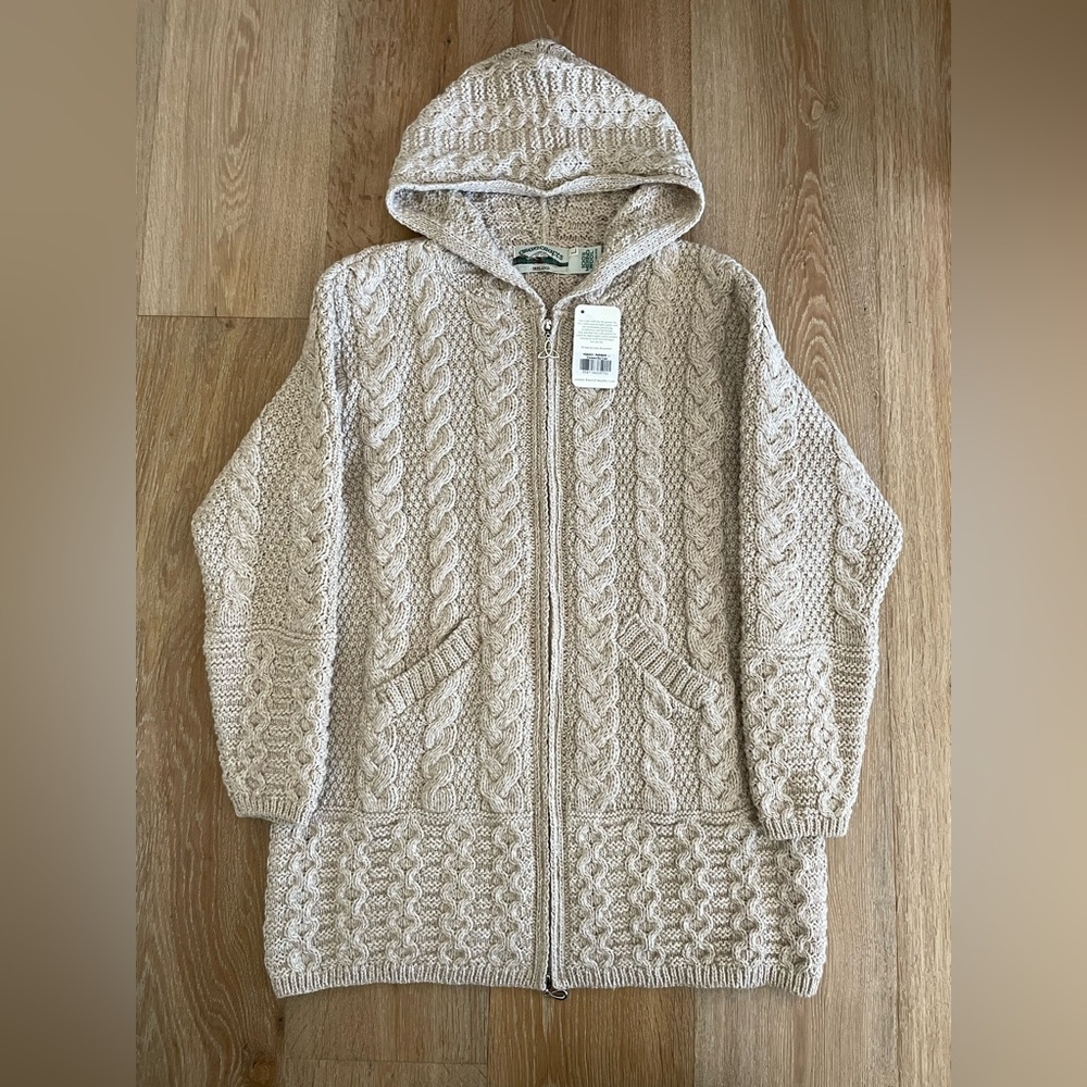 ARAN Ireland 100% Merino Wool Full Zip Sweater Coat Oatmeal L Chunky‎ Fisherman